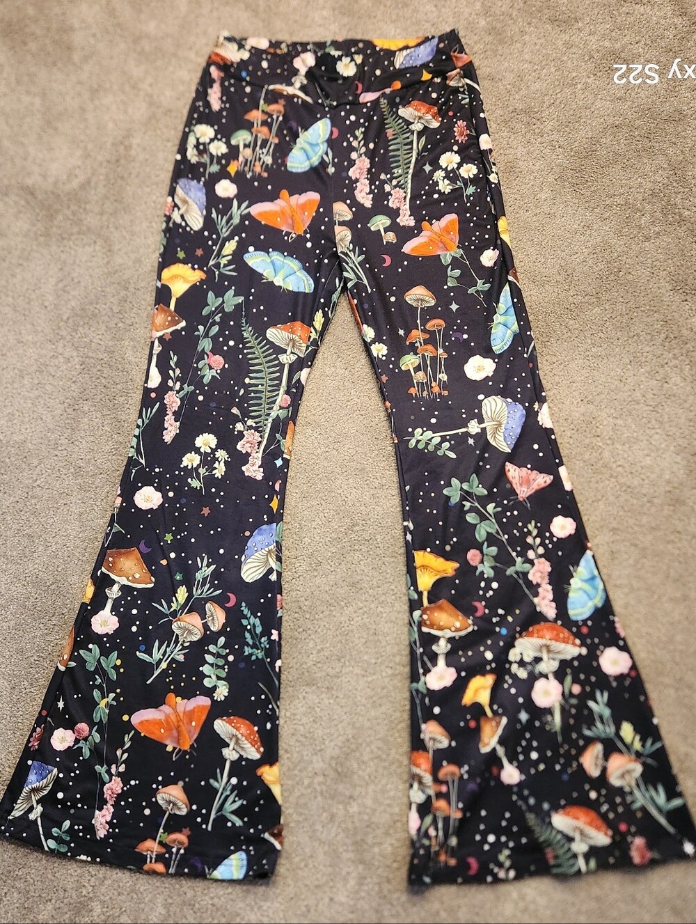 ELEDIZI Black Floral & Mushroom Flare Pants with Butterflies Sz Medium - Picture 9 of 9